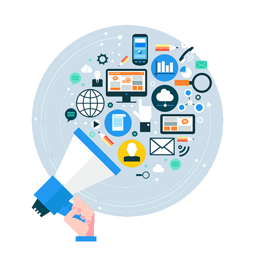 Digital marketing illustration with a megaphone, online store and communication icons