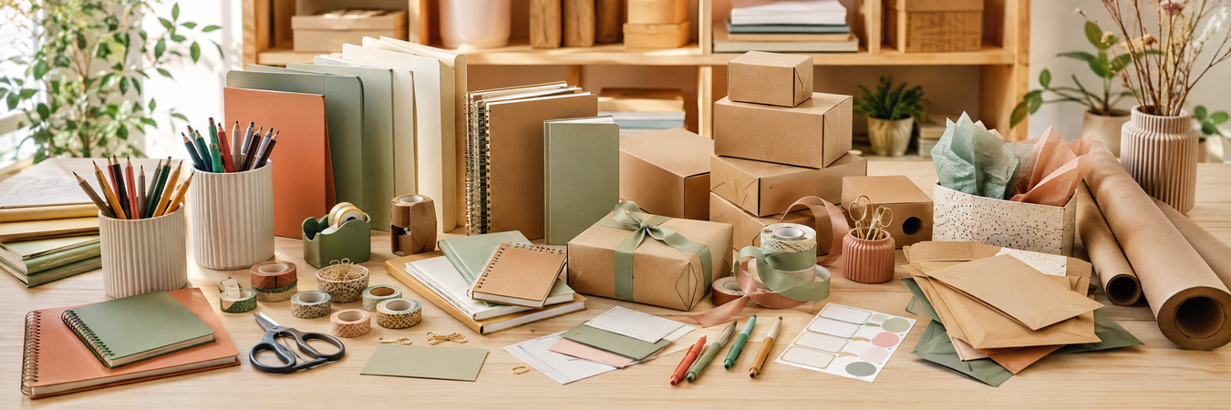 Colourful notebooks, pens, wrapping materials and packaging supplies from Joyreap