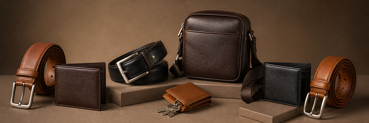 Genuine leather belts, wallets, key holders and compact accessories