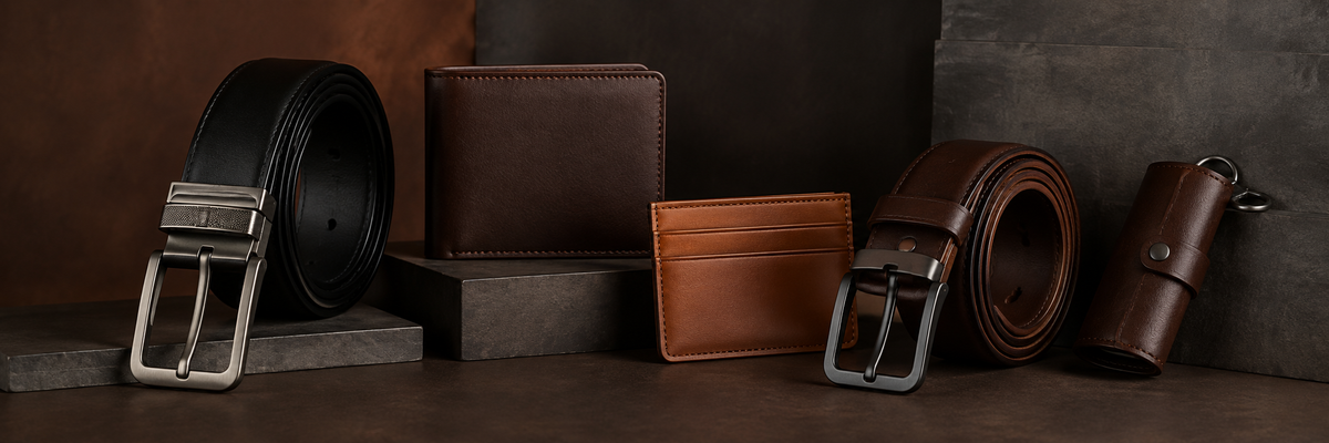 Genuine leather belts, wallets, card holders and key cases for men