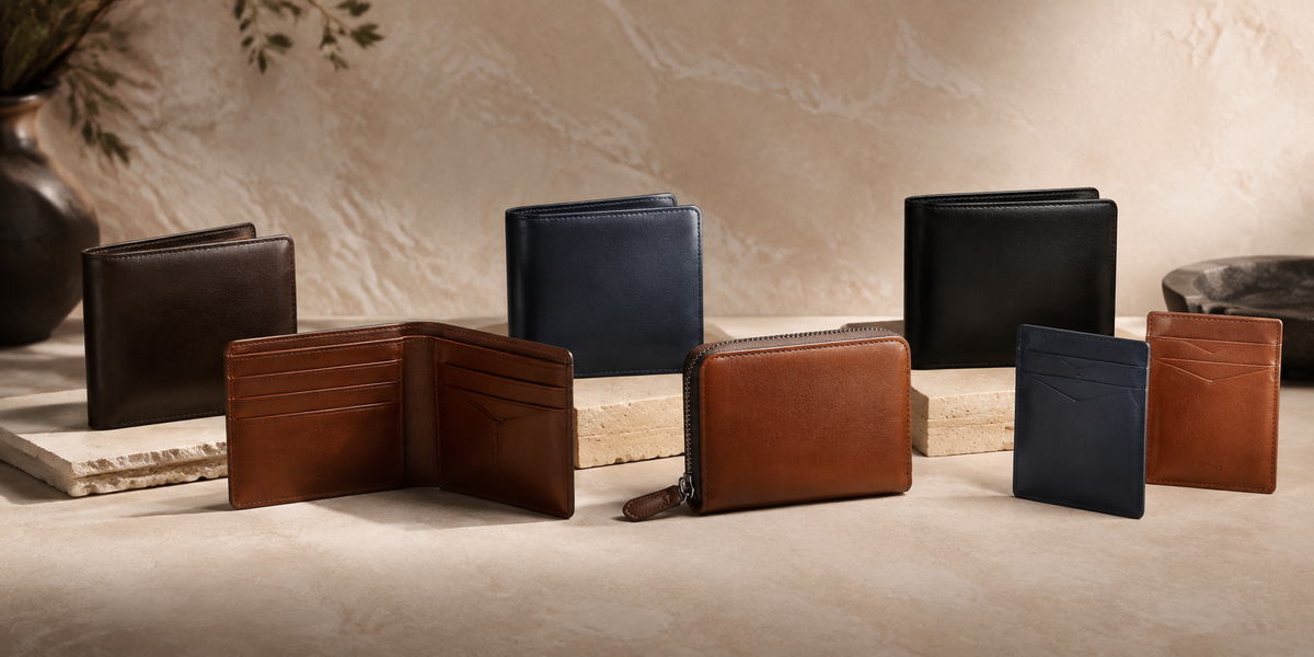 Genuine leather bifold wallets, zip wallets and card holders