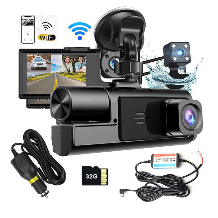 WIFI 3 Channels Dash Cam 1080P Full HD Car Dashcam with Hardwire Kit and 32GB Card