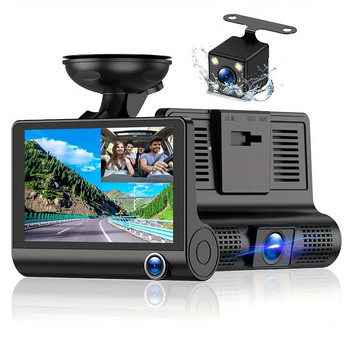 Front and Rear Triple Lens Dash Cam 1080P HD 4-inch touch screen wide-angle lens