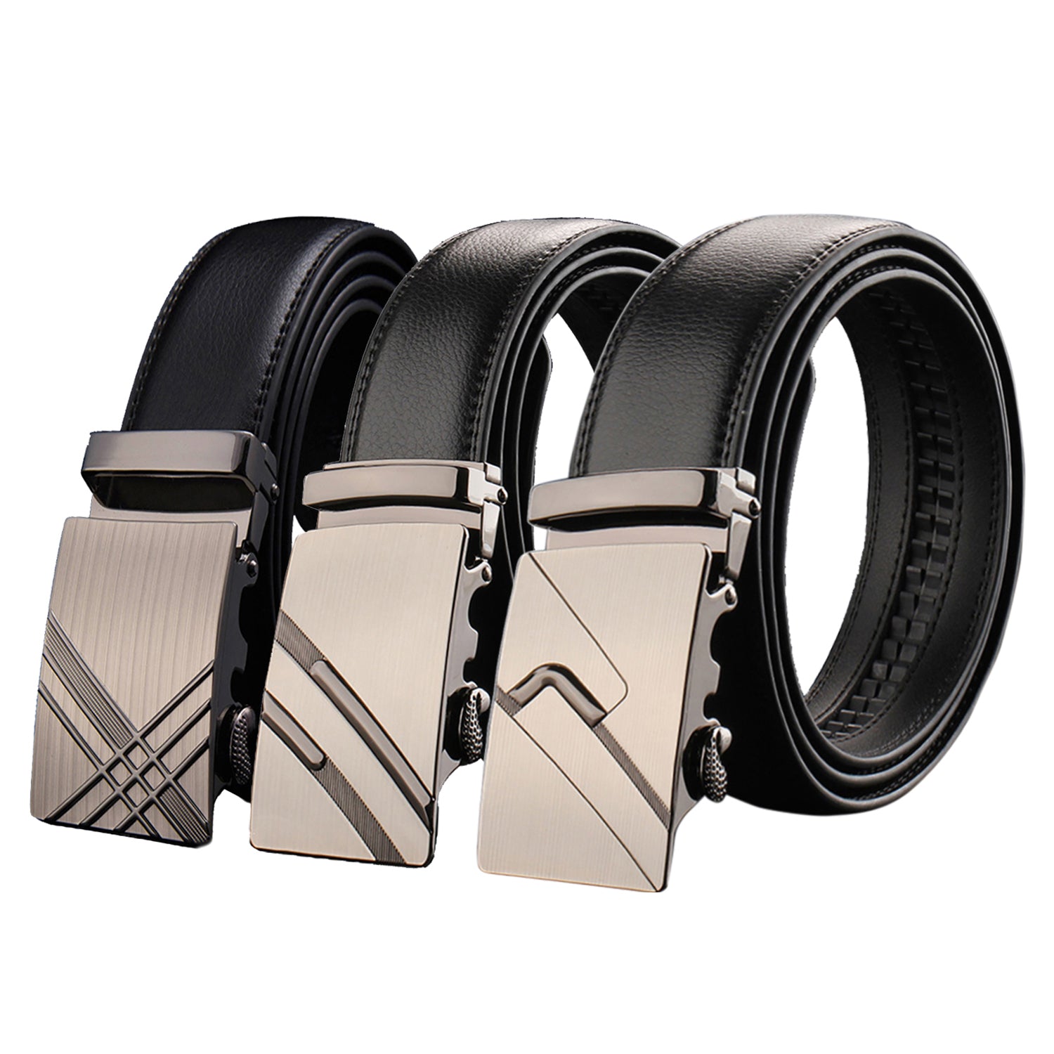 Adjustable Slide Luxury Leather Belt For Men's Automatic Buckle Ratchet Business Dress Belts