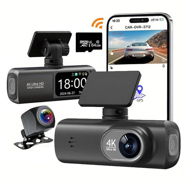 4K Front and Rear Dual Dash Cam WiFi GPS Car Camera with 64GB SD Card