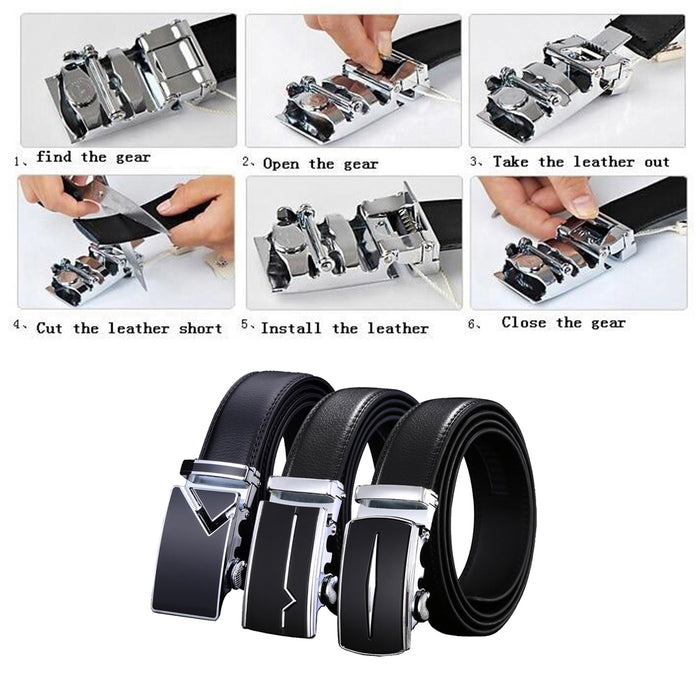 Adjustable Slide Genuine Leather Belt Men's Plate Reversible Buckle Business Dress Belts