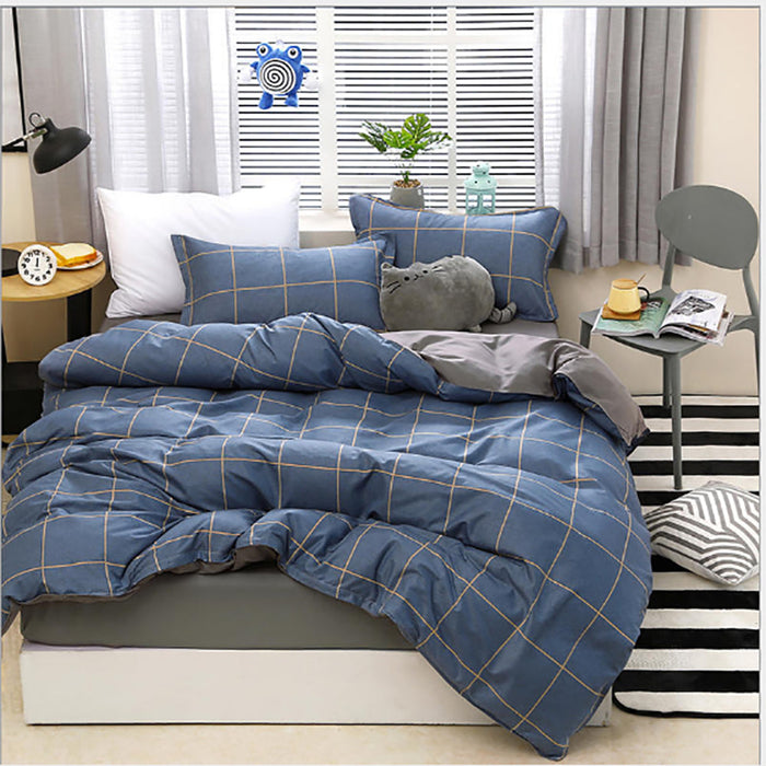 Blue Plaid Pattern Aloe Cotton Flat Sheet Quilt Cover Pillowcases 4pcs Bedding Set Duvet Doona Quilt Cover Set