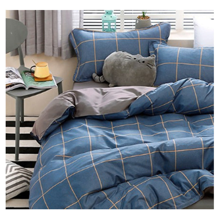 Blue Plaid Pattern Aloe Cotton Flat Sheet Quilt Cover Pillowcases 4pcs Bedding Set Duvet Doona Quilt Cover Set