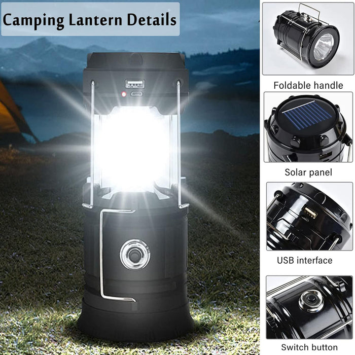 LED Camping Lamp Solar Powered Rechargeable USB Torch Waterproof Emergency Light Lantern