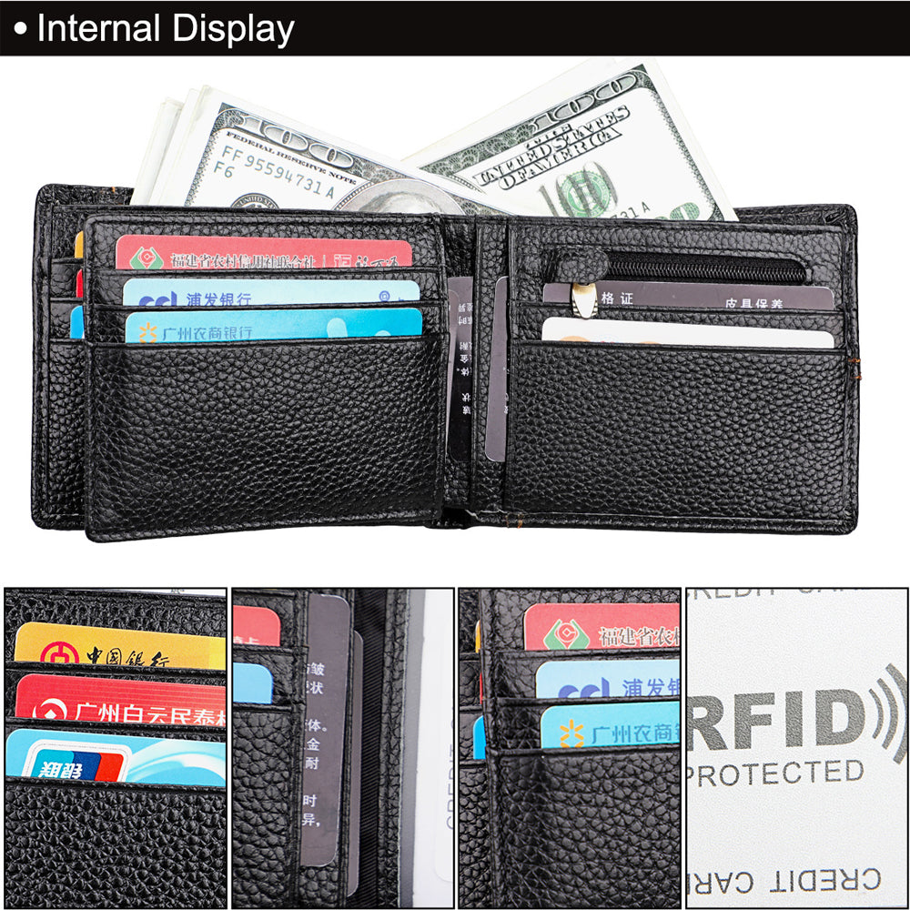 Men's Genuine Leather Bilfold Wallet RFID Blocking Card Holder Zipper Coin Purse