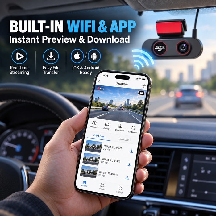 4K WiFi Dual Dash Cam with 1080P Rear Window Camera Reversing View
