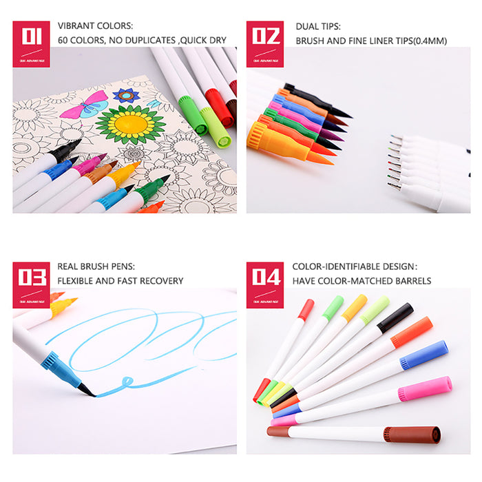 60 Unique Colors Double Head Acid- Free Non-Toxic Coloured Pens