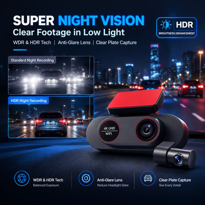 4K WiFi Dual Dash Cam with 1080P Rear Window Camera Reversing View