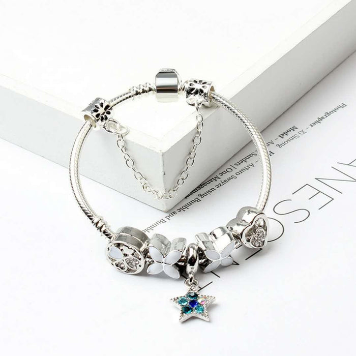 Women Silver Plated Bracelet Snake Chain with Classic Bead Barrel Clasp and Blue Star Pendant