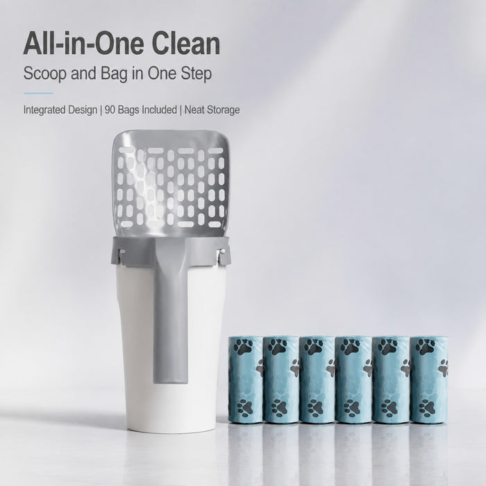All-in-One Integrated Cat Litter Scoop with Trash Can & 90 Litter Bags