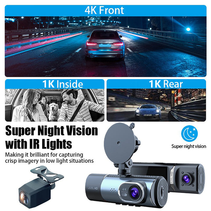 3 Channel 4K+1K+1K Dash Cam WiFi Car DVR Interior Cabin Camera Recorder with 32G Card