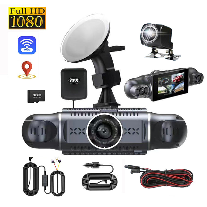 4 Channel Dash Cam WiFi GPS Quad View DVR with Hardwire Kit + 32GB Card