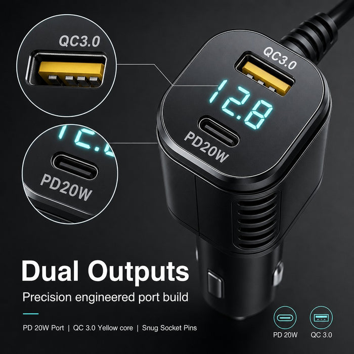 3-Port Dash Cam Car Charger with Voltage Display – QC3.0, PD 20W & 3.5m Right-Angle USB-C Cable