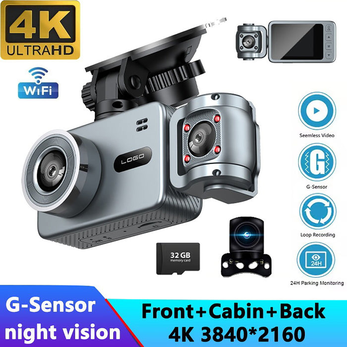 4K Triple Lens Dash Cam WiFi Car DVR Front Cabin Rear Camera with 32GB Card