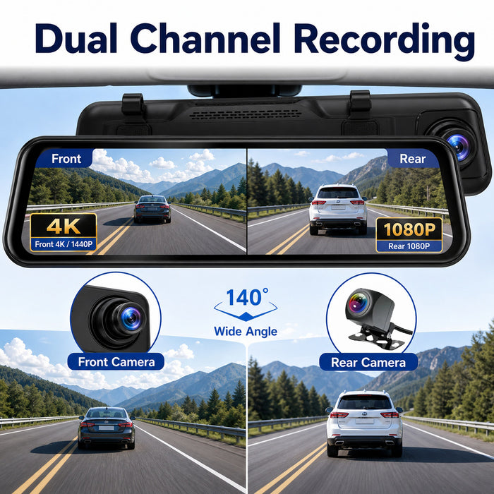 4K Streaming Mirror WiFi Dash Cam with Wireless CarPlay and Android Auto
