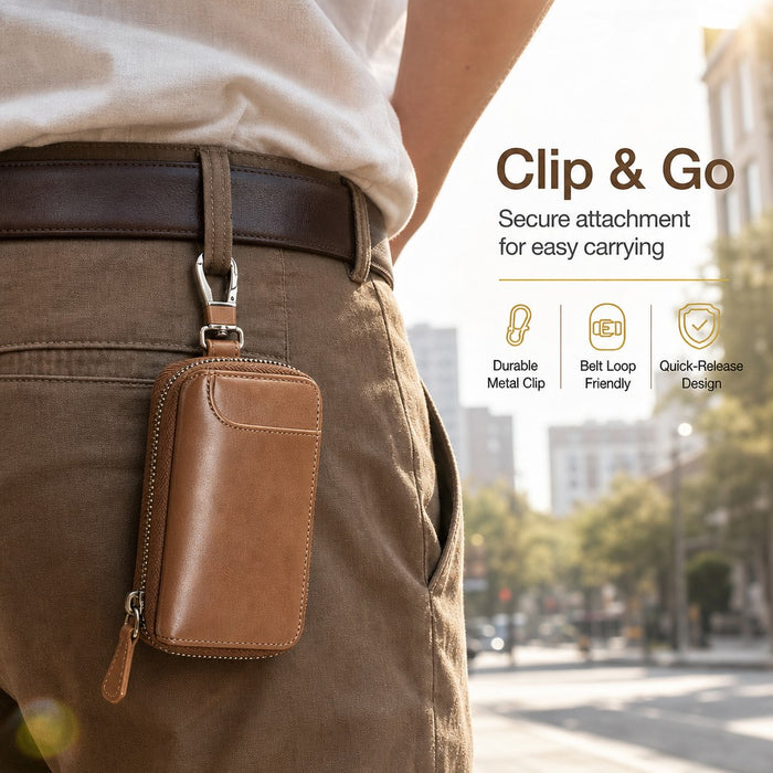 Leather-Look Car Key Organiser Pouch with Zip & Clip – 3 Colours Key Bag