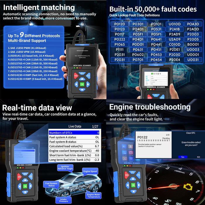T300 OBD2 Scanner Car Diagnostic Tool - Engine Codes, Live Data, Battery Test, OBDII Code Reader