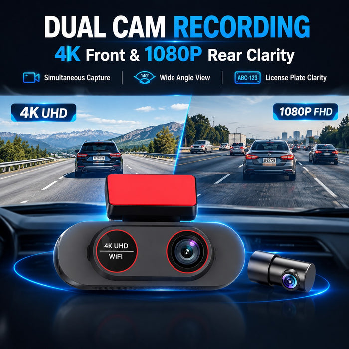 4K WiFi Dual Dash Cam with 1080P Rear Window Camera Reversing View