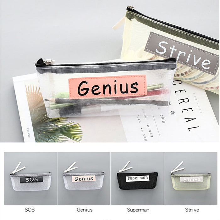 Transparent Mesh Pen Storage Grid Office Cosmetics Makeup Pencil Bag Pouch Case