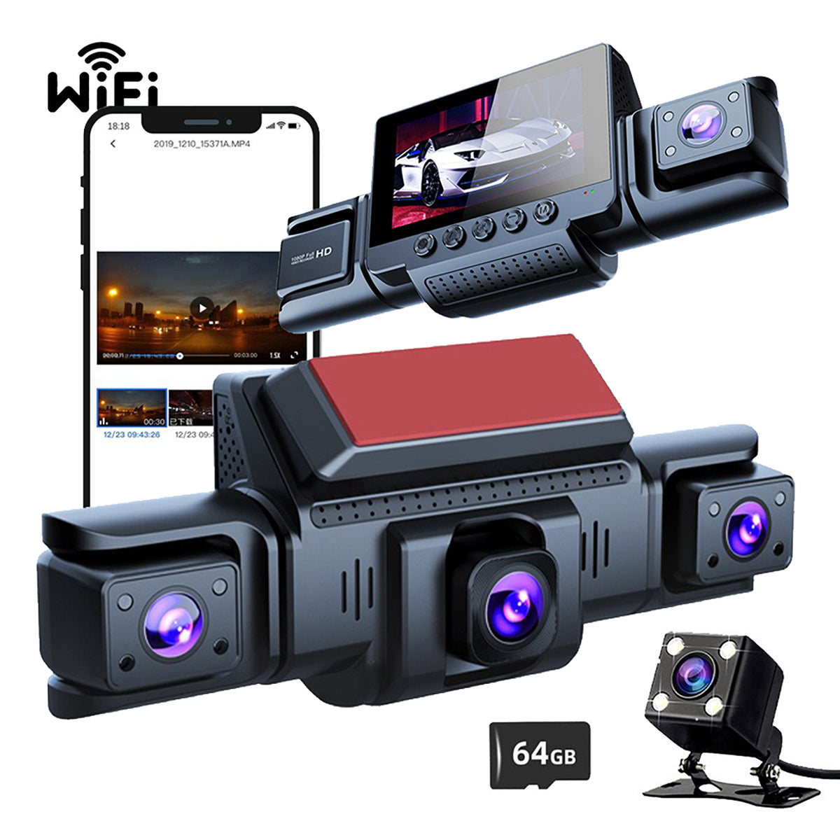 4 Channel 5G WiFi Dash Cam FHD 1080P 170° Wide Angle Motion Detection with 64GB Card