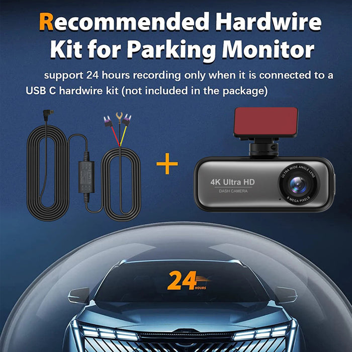 4K WiFi Front and Rear Dual Dash Camera with GPS Hardwire Kit  64GB Card