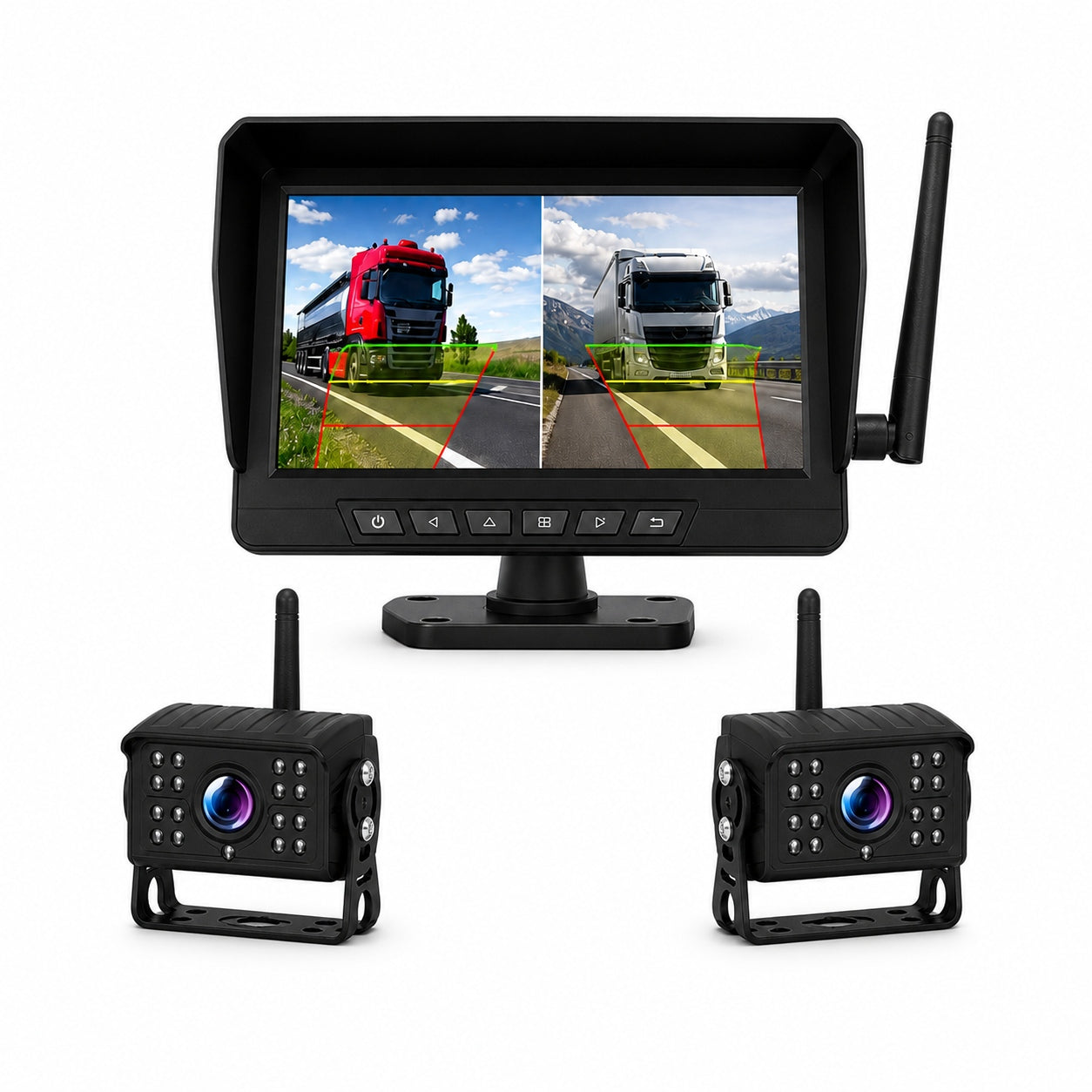 7" Wireless DVR Monitor 2 IR Cameras BSD Alert Rear View Truck RV Kit