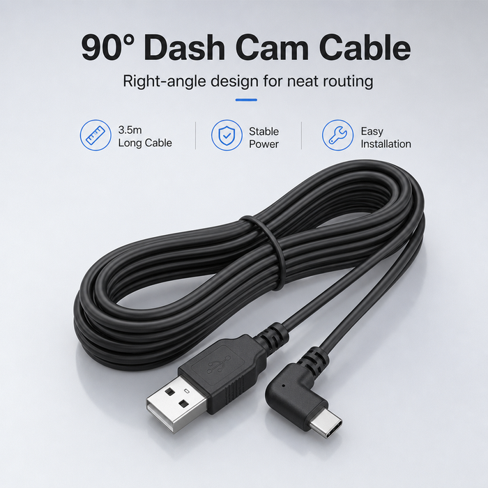3.5m USB-A to Right-Angle USB-C Type-C Dash Cam Power Cable