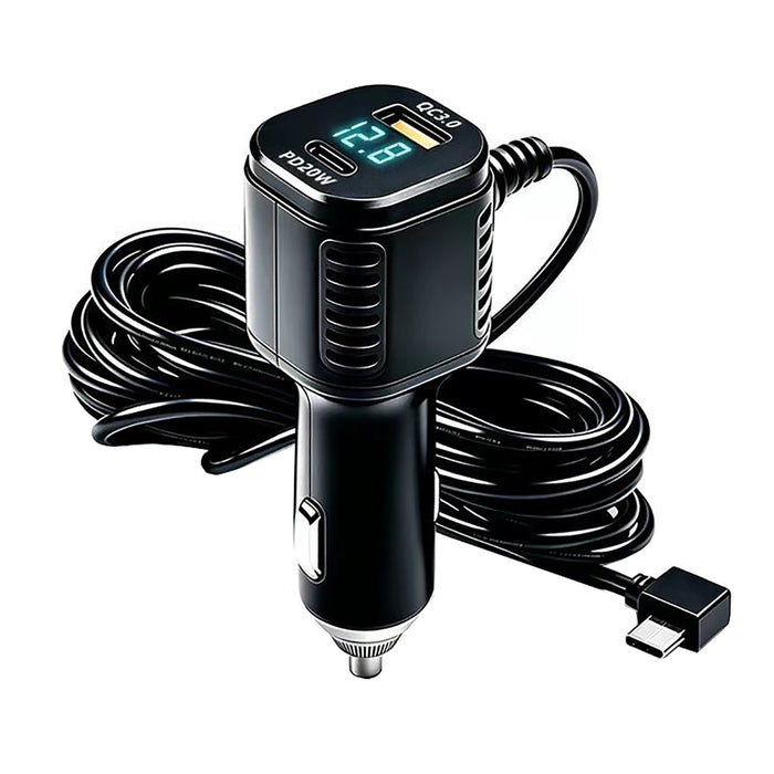 3-Port Dash Cam Car Charger with Voltage Display – QC3.0, PD 20W & 3.5m Right-Angle USB-C Cable