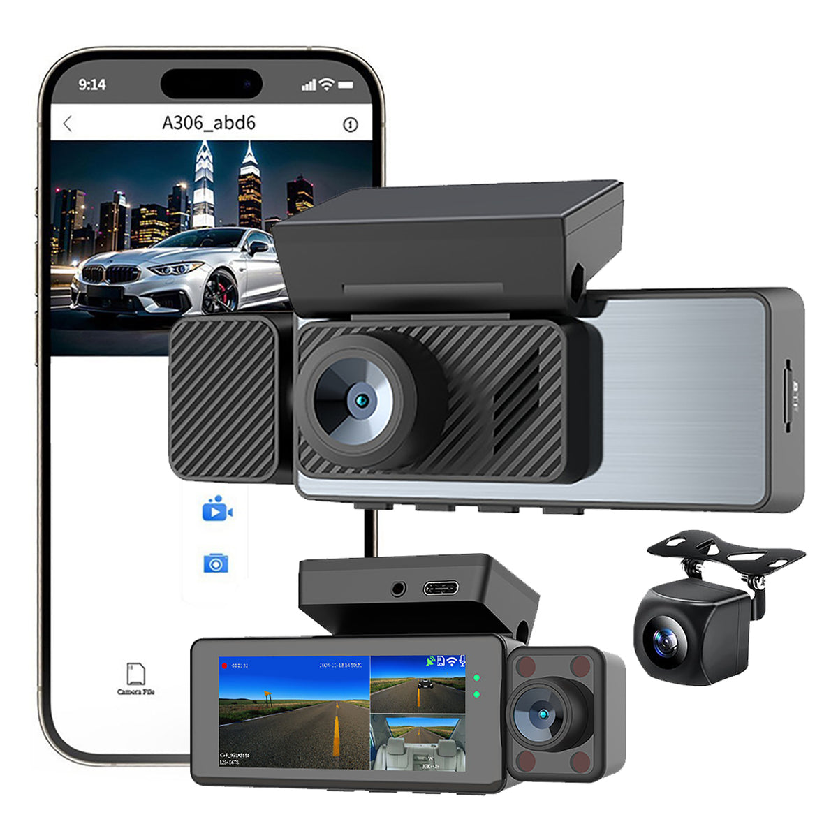 4K 3-Channel WiFi GPS Dash Cam – Front, Cabin & Rear Recording