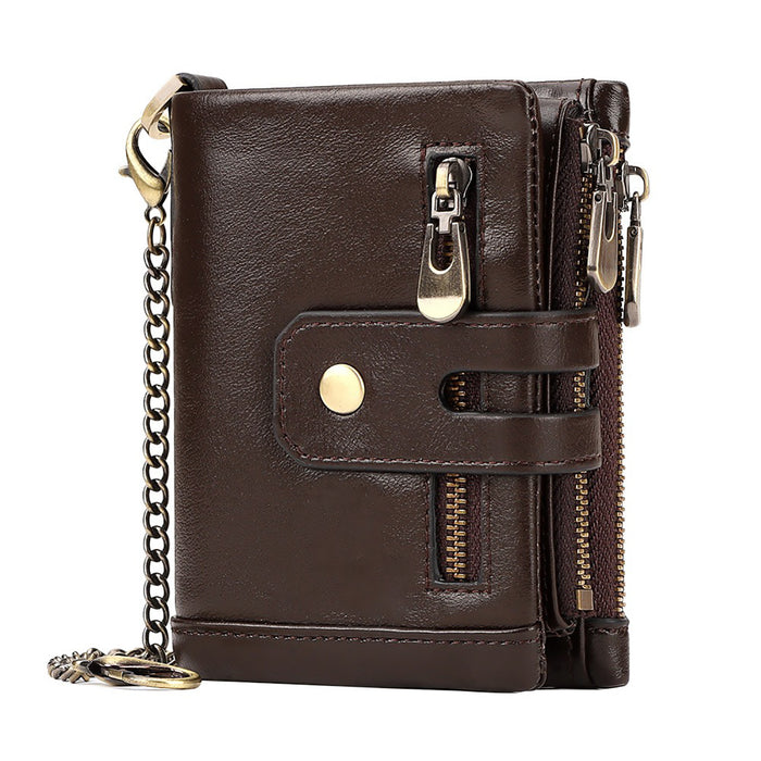 Men's Genuine Leather Wallet RFID Blocking Retro Bifold Zipper Card Holder with Key Chain