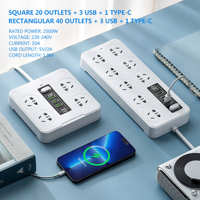 AU Standard Smart Power Board with USB Type-C Overload Protection Safety Shutter 1.8M Cable