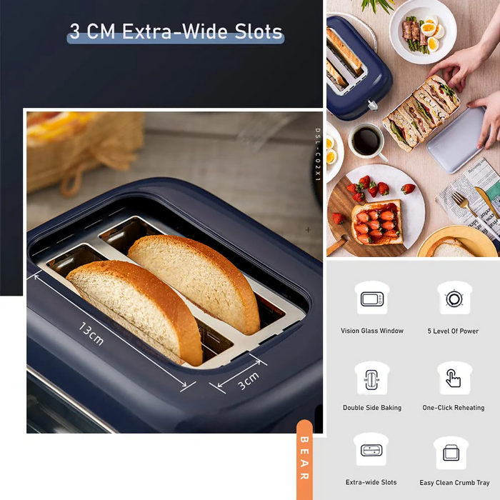 Bear Glass Window Toaster 2 Slice with Adjustable Browning SAA Approved