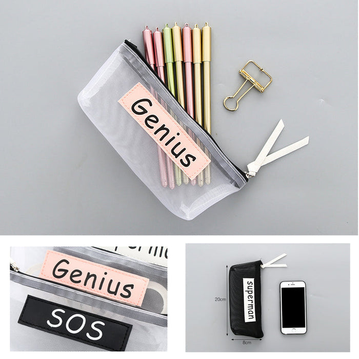 Transparent Mesh Pen Storage Grid Office Cosmetics Makeup Pencil Bag Pouch Case