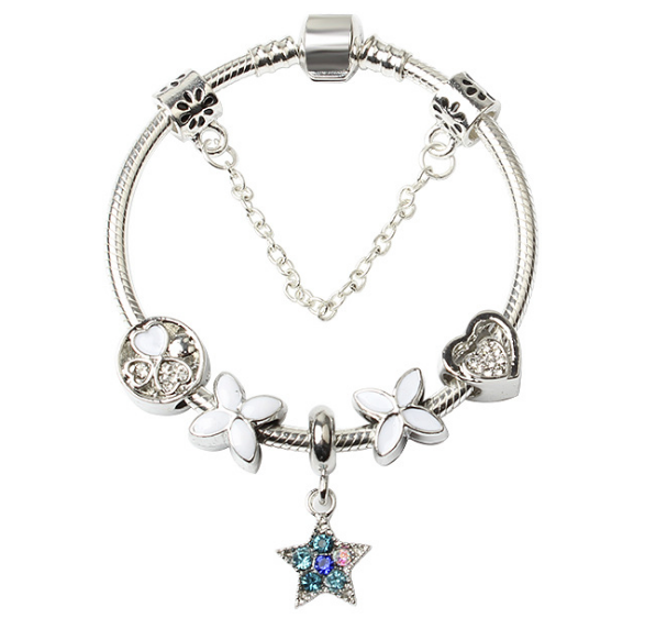 Women Silver Plated Bracelet Snake Chain with Classic Bead Barrel Clasp and Blue Star Pendant