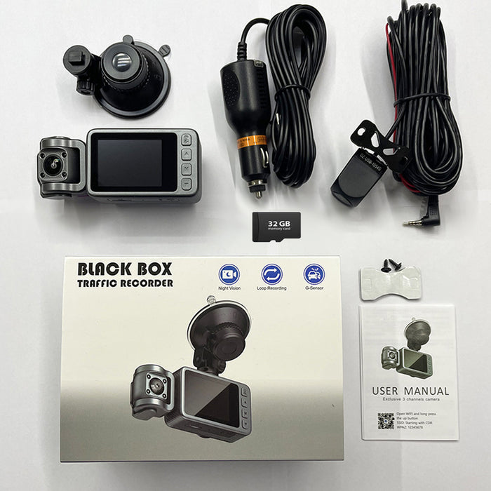 4K Triple Lens Dash Cam WiFi Car DVR Front Cabin Rear Camera with 32GB Card