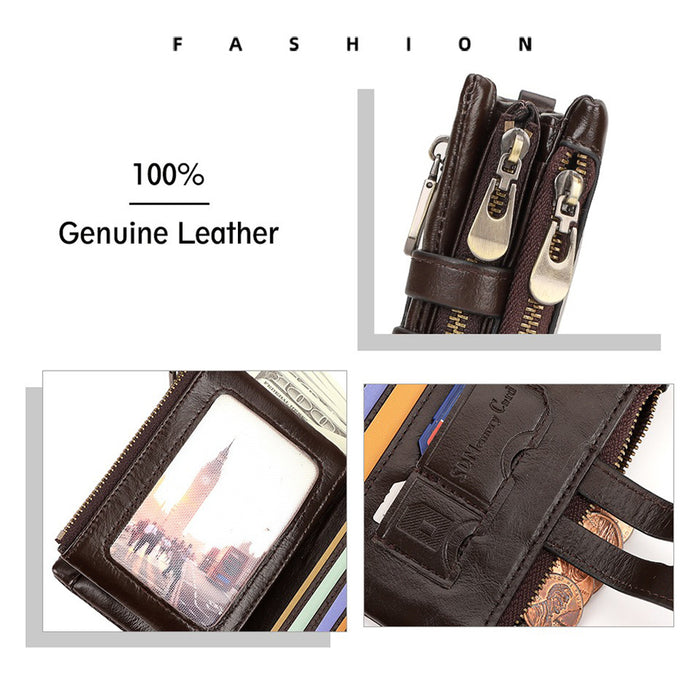 Men's Genuine Leather Wallet RFID Blocking Retro Bifold Zipper Card Holder with Key Chain