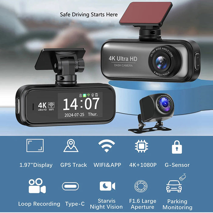 4K WiFi Front and Rear Dual Dash Camera with GPS Hardwire Kit  64GB Card