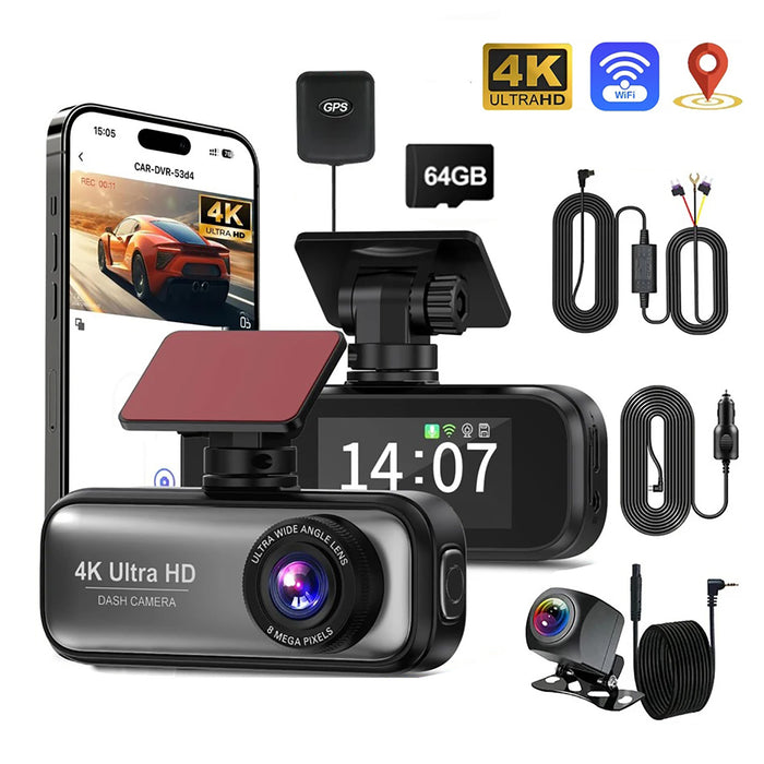 4K WiFi Front and Rear Dual Dash Camera with GPS Hardwire Kit  64GB Card