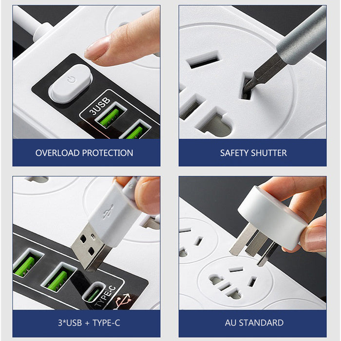 AU Standard Smart Power Board with USB Type-C Overload Protection Safety Shutter 1.8M Cable