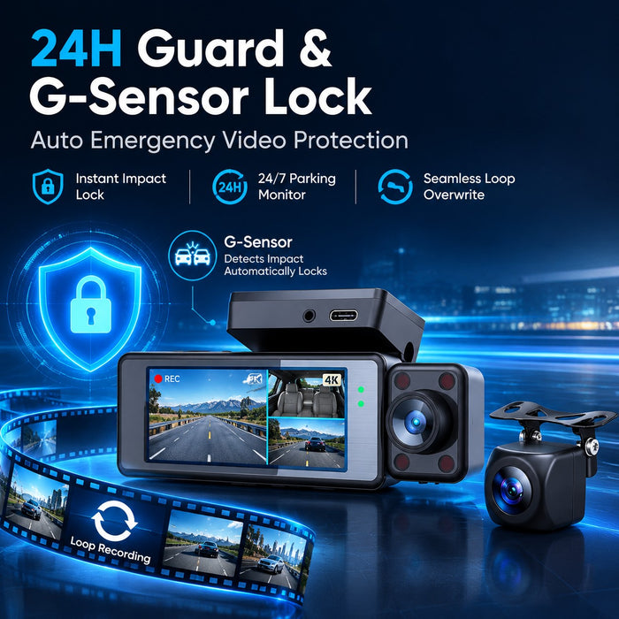 4K 3-Channel WiFi GPS Dash Cam – Front, Cabin & Rear Recording