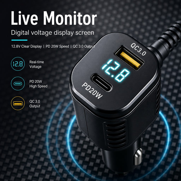 3-Port Dash Cam Car Charger with Voltage Display – QC3.0, PD 20W & 3.5m Right-Angle USB-C Cable