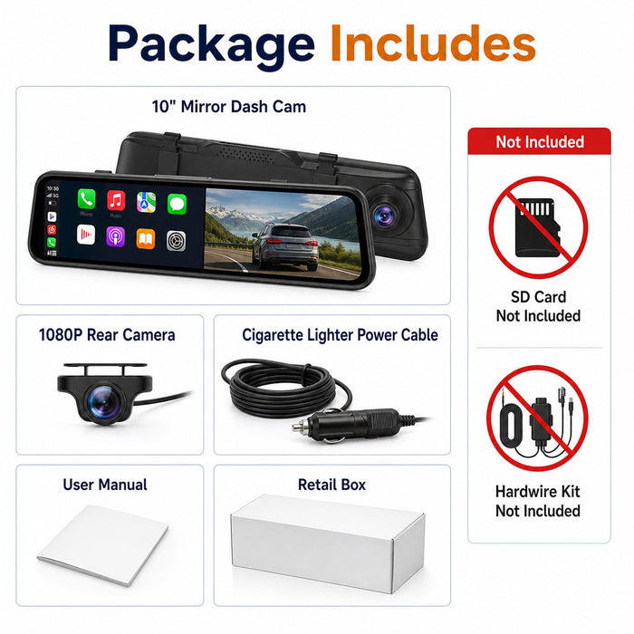 4K Streaming Mirror Wi-Fi Dash Cam with Wireless CarPlay and Android Auto