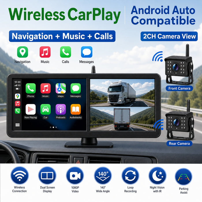 15.88'' Dual Screen Wireless CarPlay Wi-Fi RV Camera System 2CH BSD Infrared Cameras