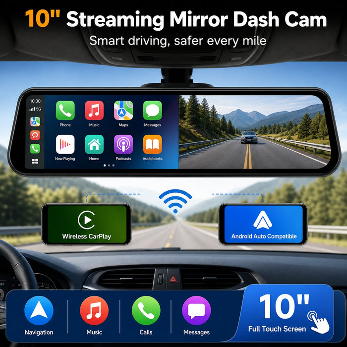 4K Streaming Mirror Wi-Fi Dash Cam with Wireless CarPlay and Android Auto