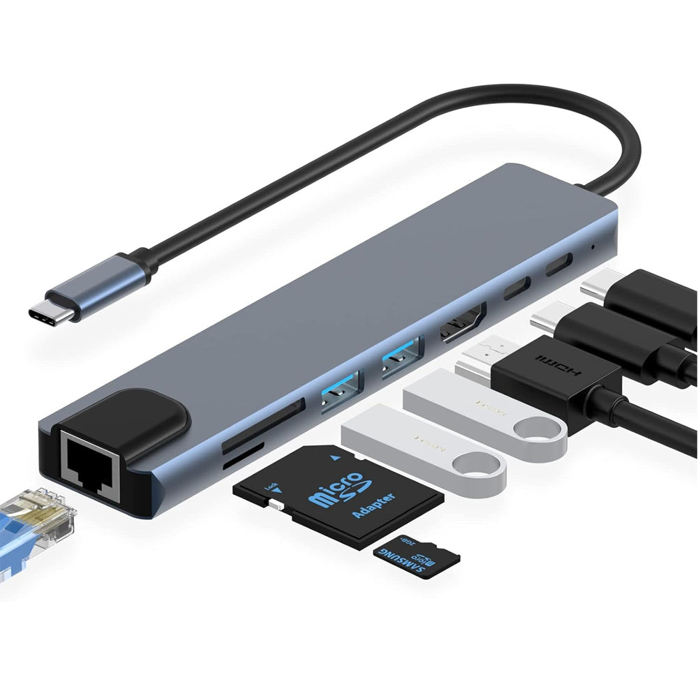 8-in-1 Hub USB-C To USB-C USB 3.0 4K HDMI RJ45 Ethernet SD TF OTG PD Port Adapter